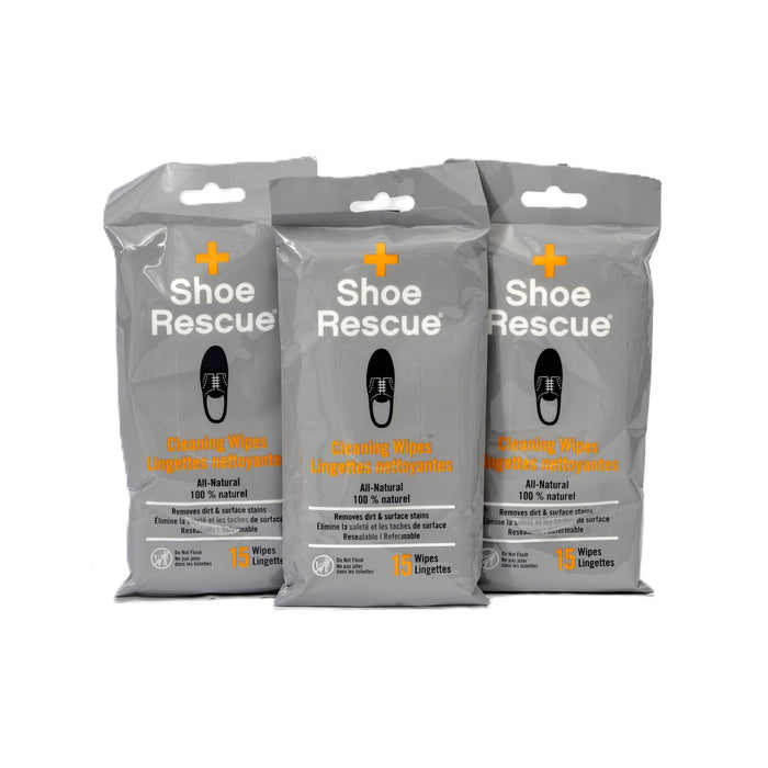 ShoeRescue 3-Pack Bundle of All-Natural Shoe Cleaning Wipes - Resealable Pack of 15